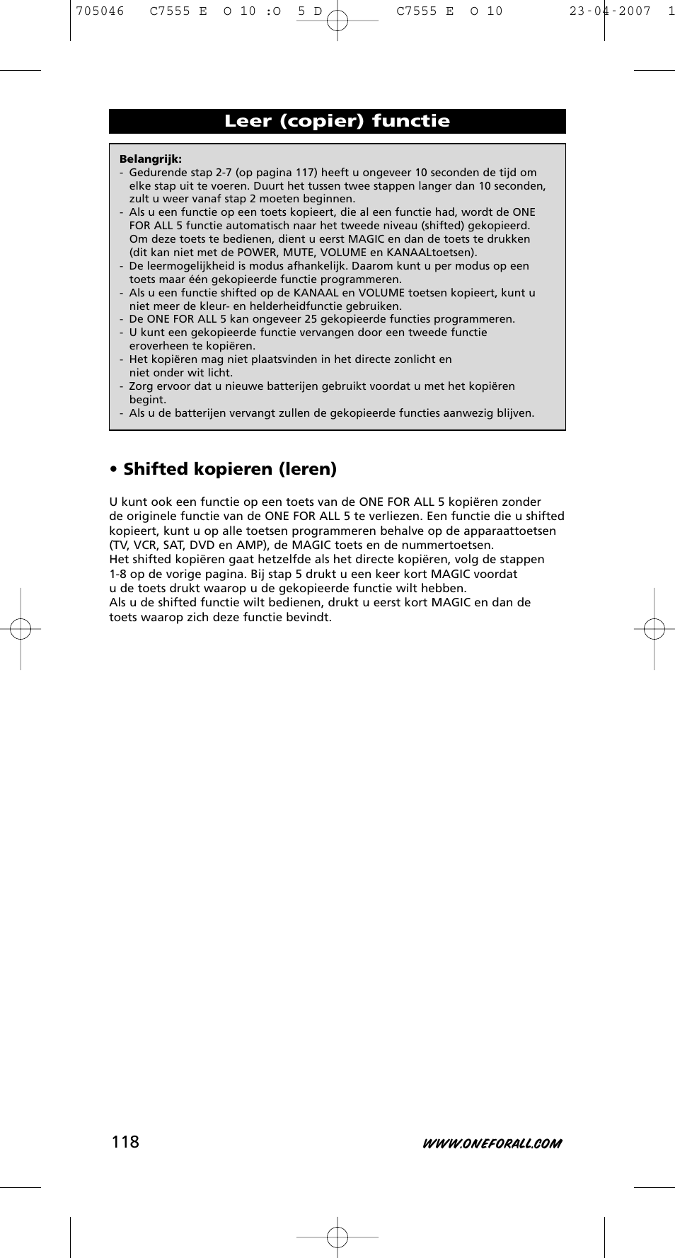 Leer (copier) functie • shifted kopieren (leren) | One for All URC-7780 User Manual | Page 119 / 205