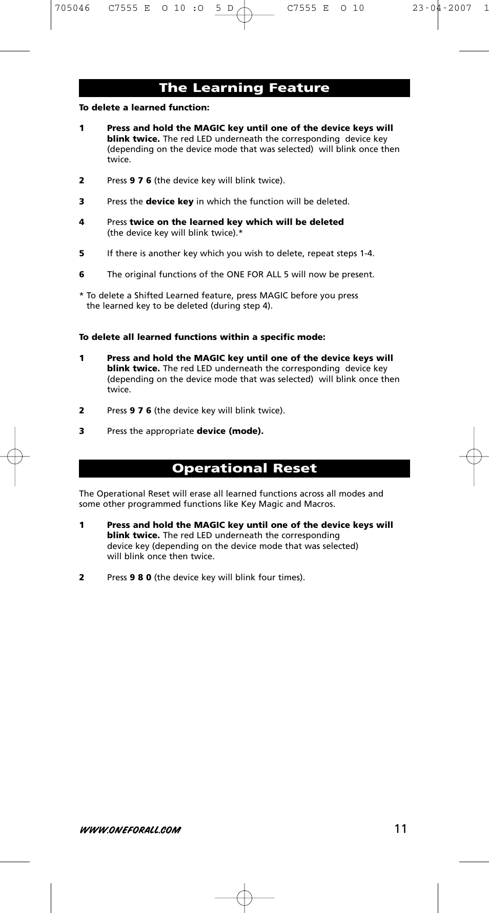 Operational reset, The learning feature | One for All URC-7780 User Manual | Page 12 / 205