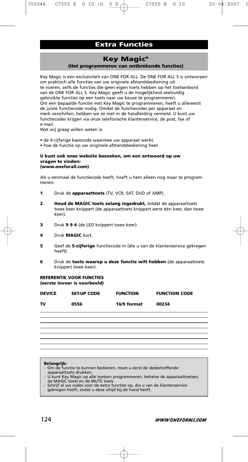 Key magic, Extra functies | One for All URC-7780 User Manual | Page 125 / 205