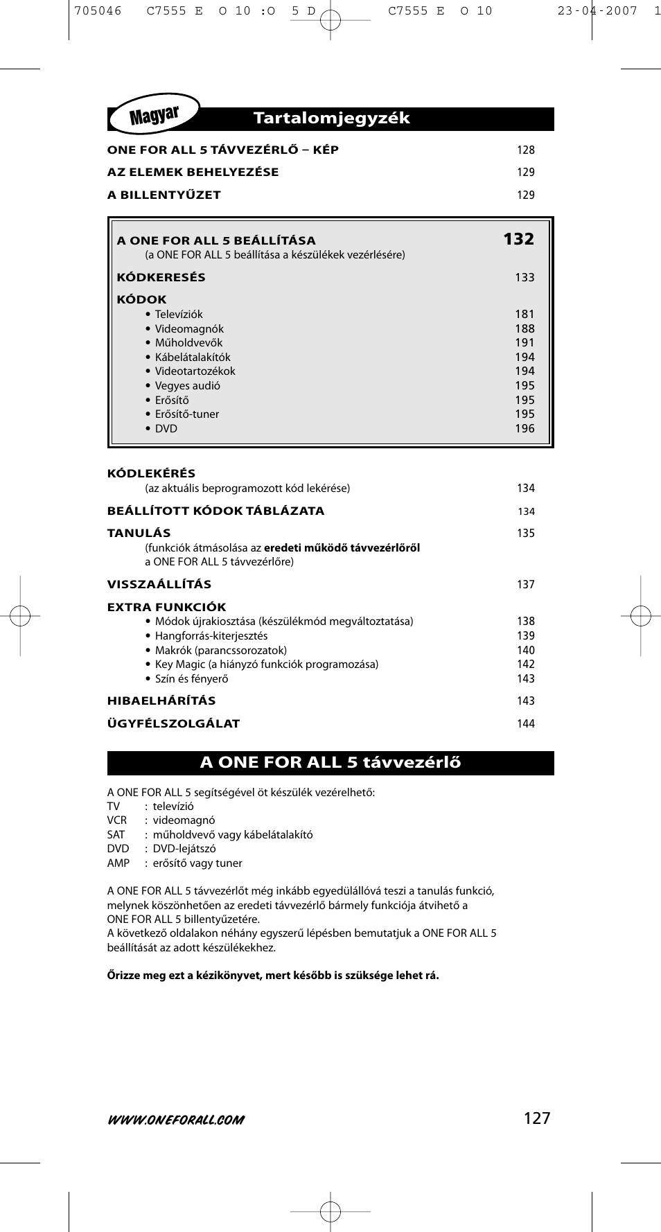 Magyar, Tartalomjegyzék, A one for all 5 távvezérlő | One for All URC-7780 User Manual | Page 128 / 205