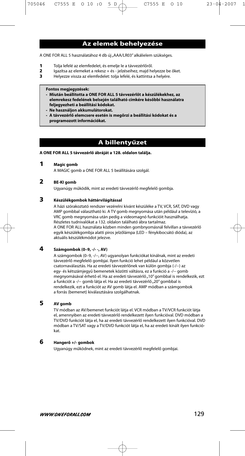 129 az elemek behelyezése, A billentyűzet | One for All URC-7780 User Manual | Page 130 / 205