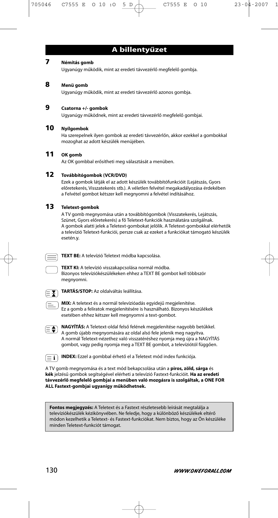 A billentyűzet | One for All URC-7780 User Manual | Page 131 / 205