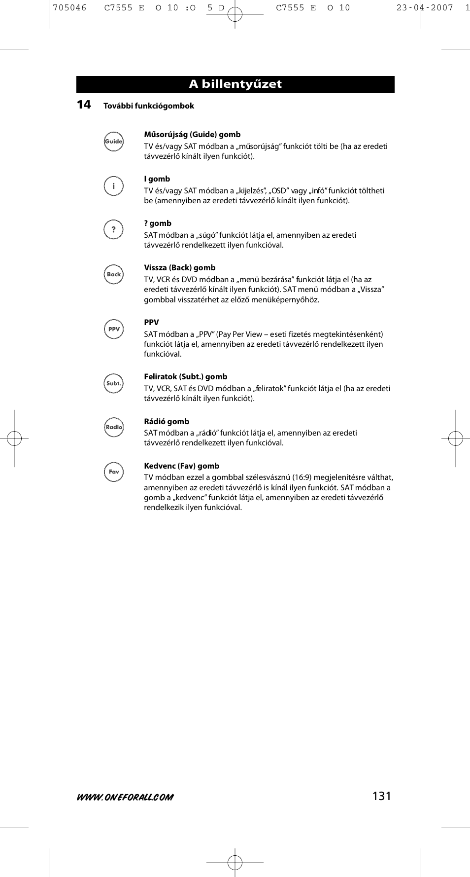 A billentyűzet | One for All URC-7780 User Manual | Page 132 / 205