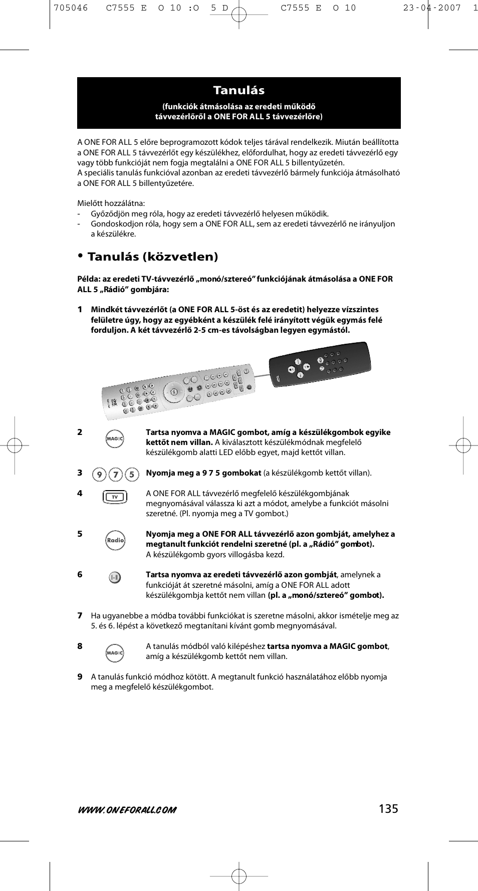 Tanulás (közvetlen), Tanulás | One for All URC-7780 User Manual | Page 136 / 205