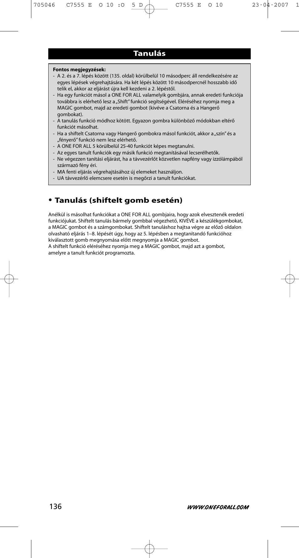 Tanulás • tanulás (shiftelt gomb esetén) | One for All URC-7780 User Manual | Page 137 / 205