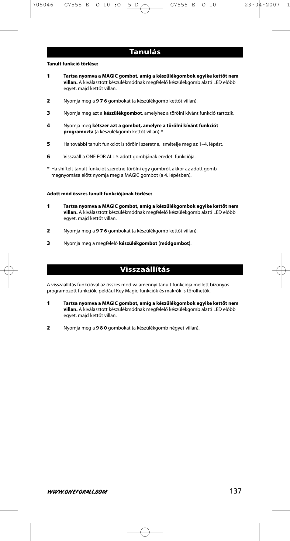 Visszaállítás, Tanulás | One for All URC-7780 User Manual | Page 138 / 205