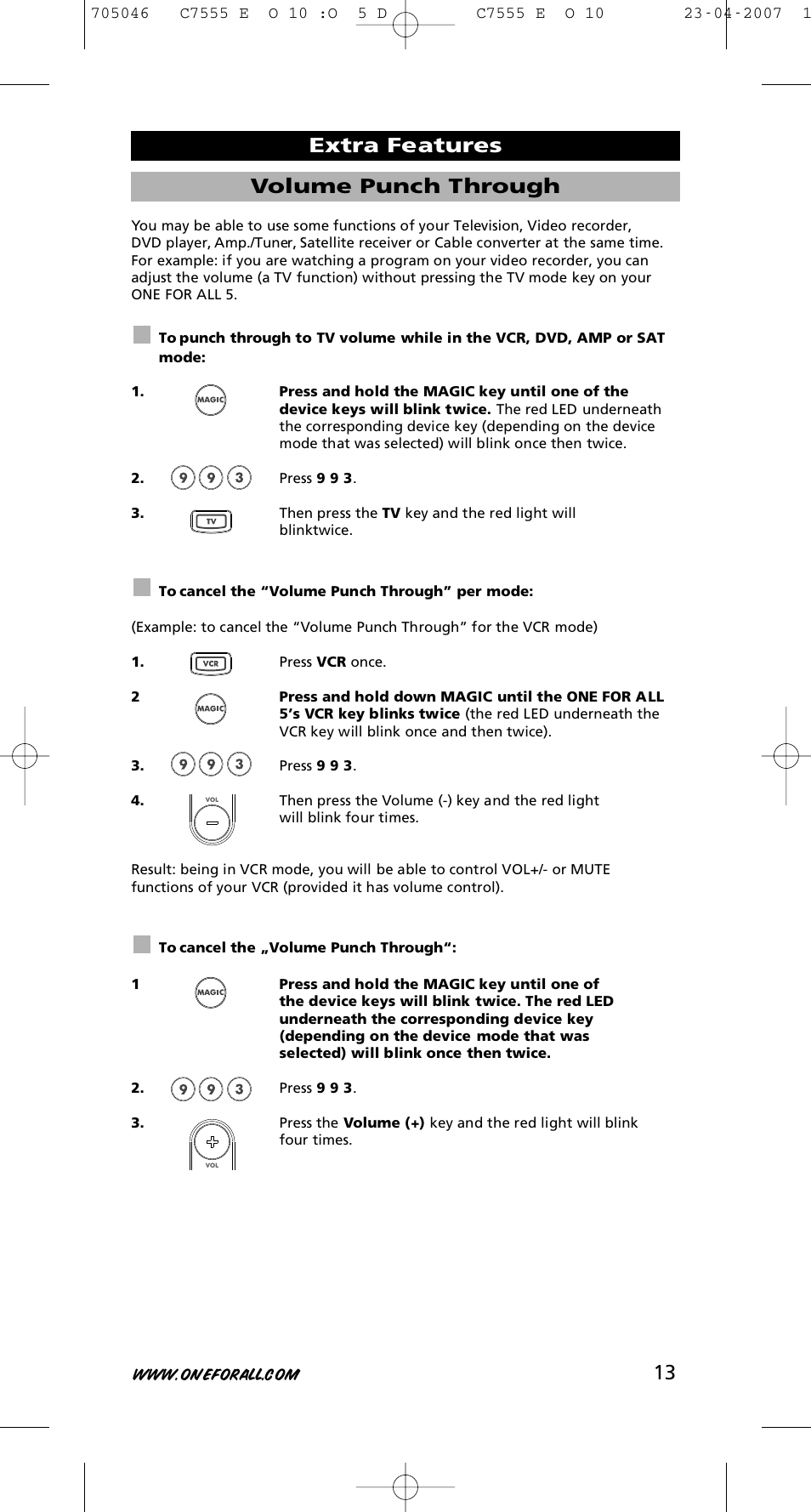 13 volume punch through, Extra features | One for All URC-7780 User Manual | Page 14 / 205