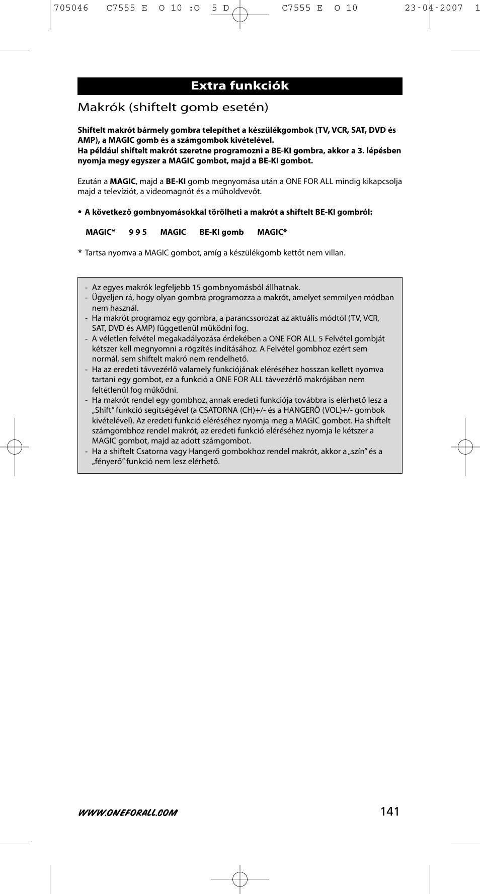 141 makrók (shiftelt gomb esetén), Extra funkciók | One for All URC-7780 User Manual | Page 142 / 205