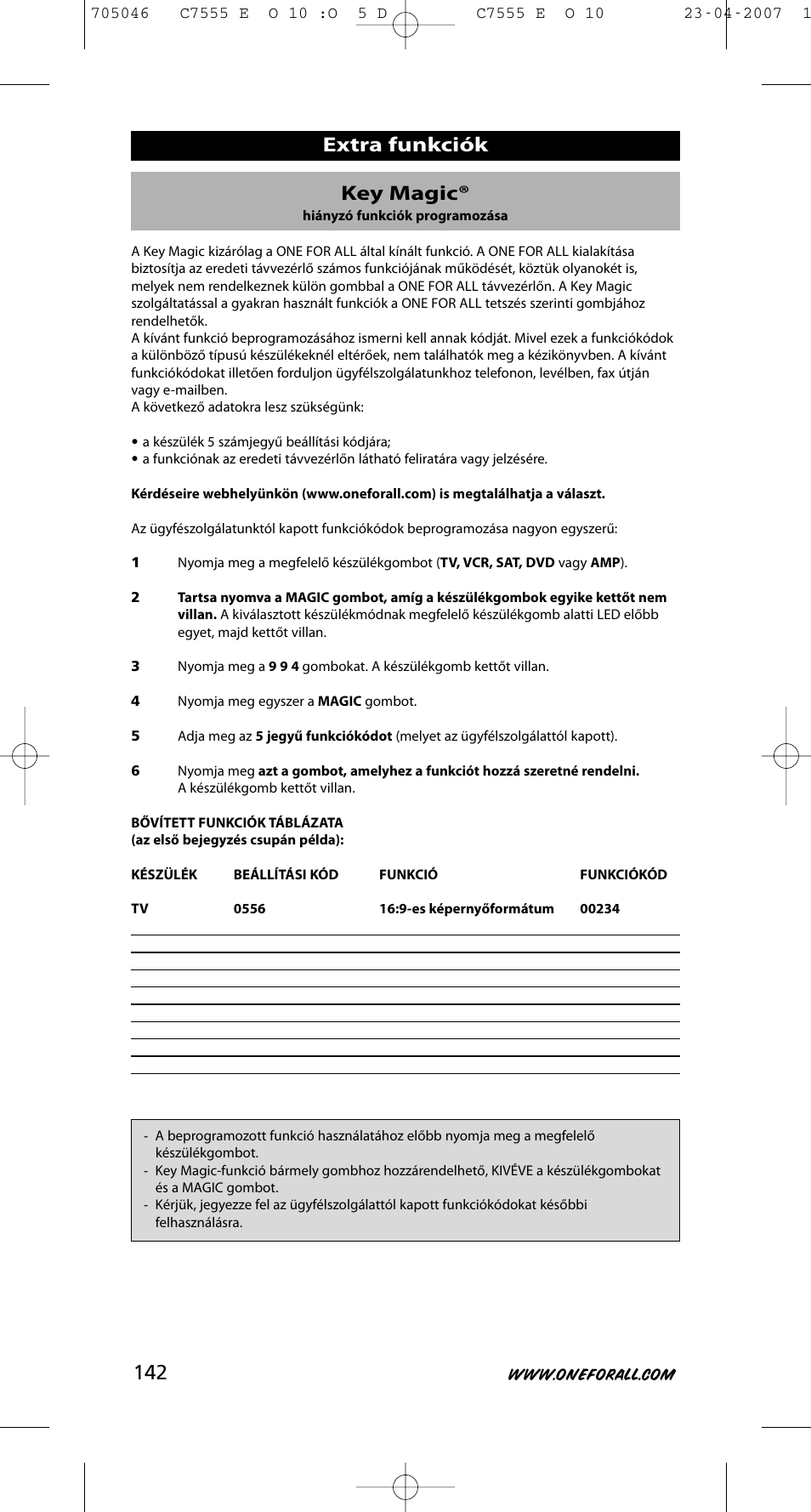 Key magic, Extra funkciók | One for All URC-7780 User Manual | Page 143 / 205