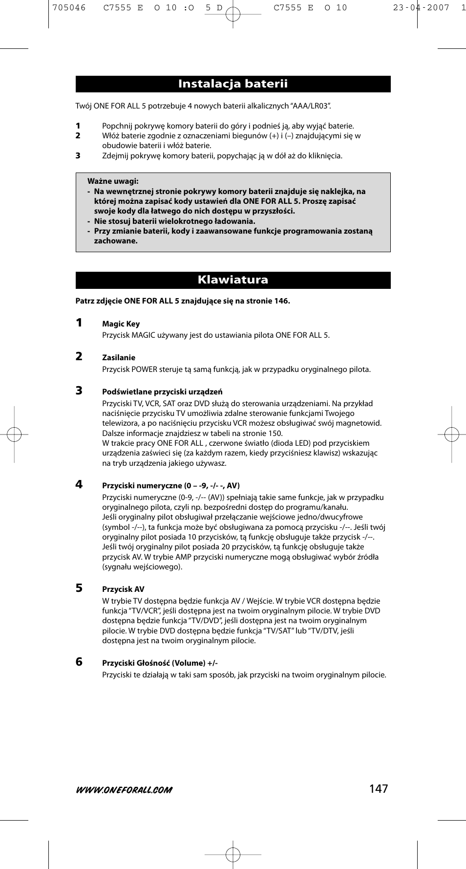 147 instalacja baterii, Klawiatura | One for All URC-7780 User Manual | Page 148 / 205