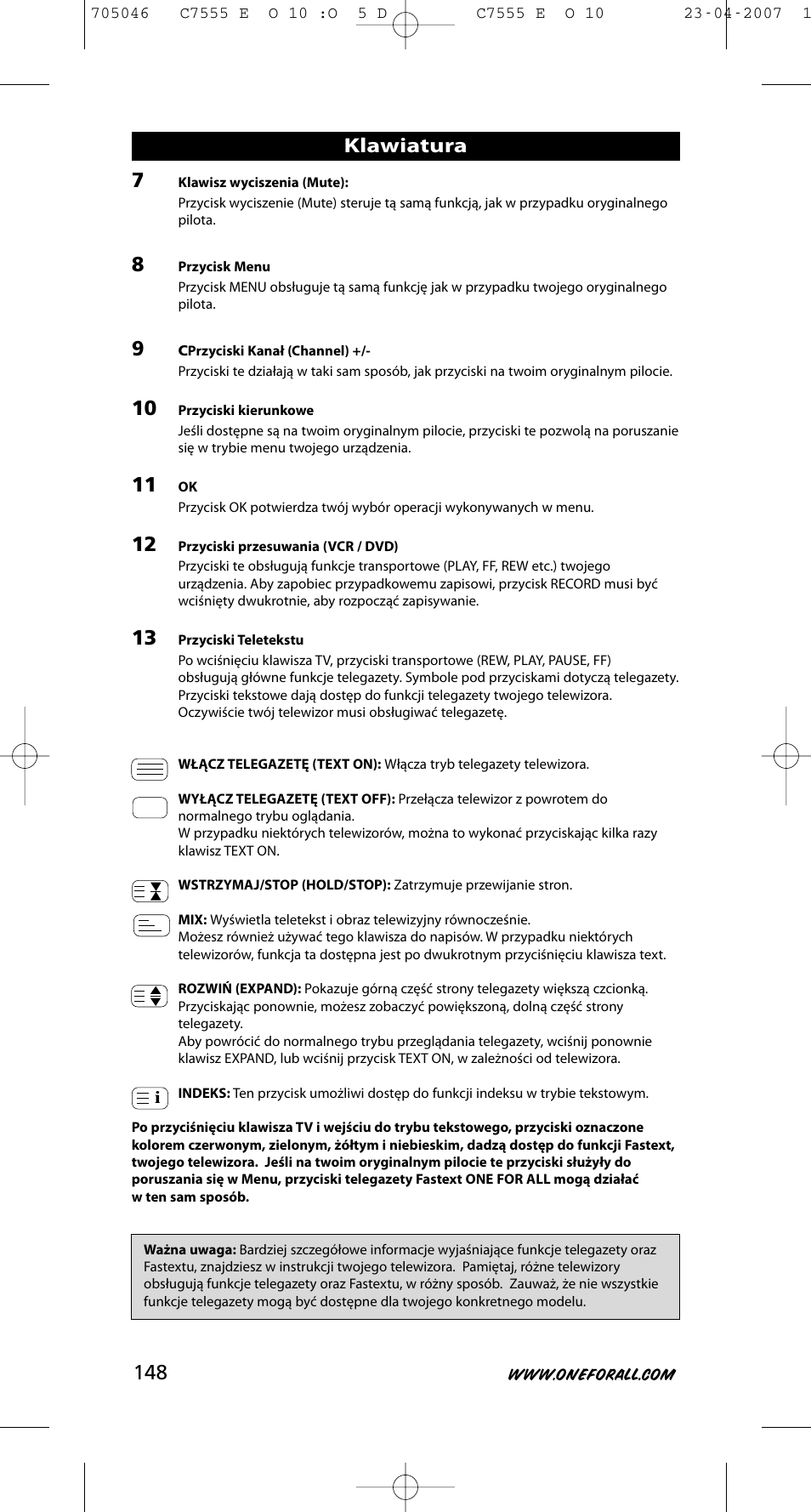 Klawiatura | One for All URC-7780 User Manual | Page 149 / 205