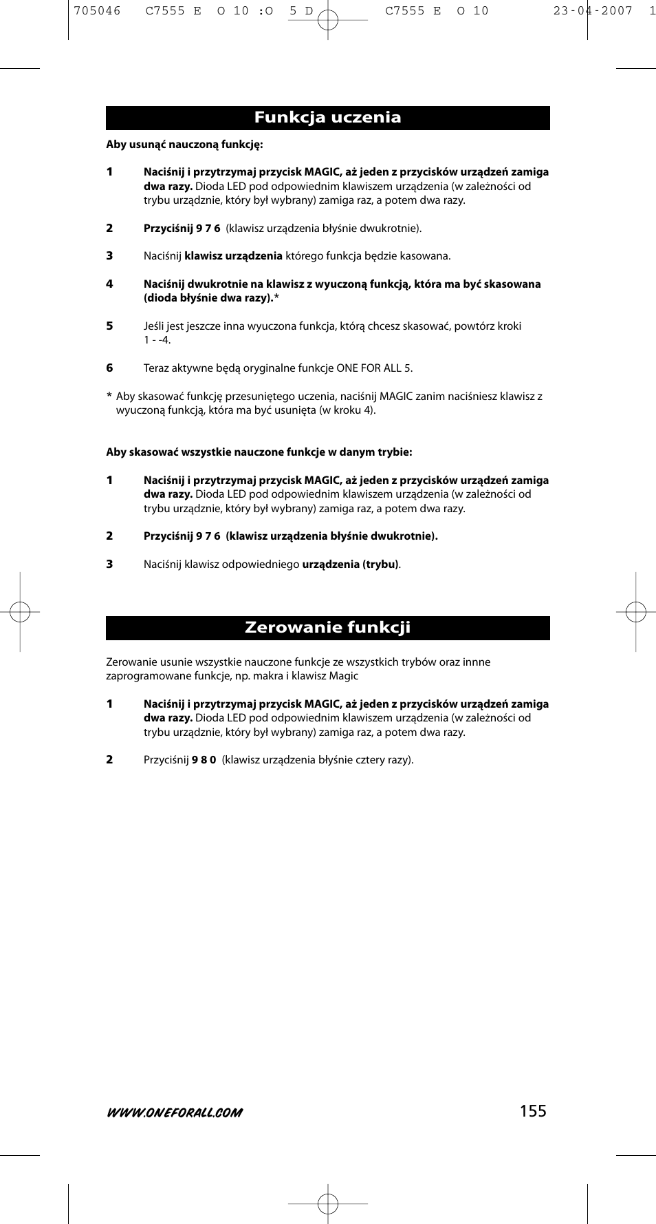 Zerowanie funkcji, Funkcja uczenia | One for All URC-7780 User Manual | Page 156 / 205