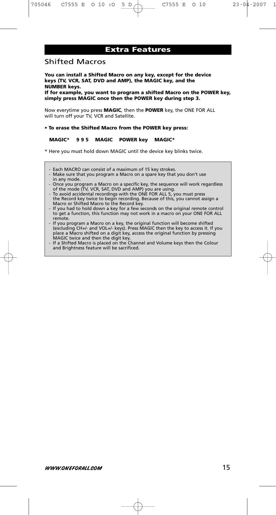 15 shifted macros, Extra features | One for All URC-7780 User Manual | Page 16 / 205