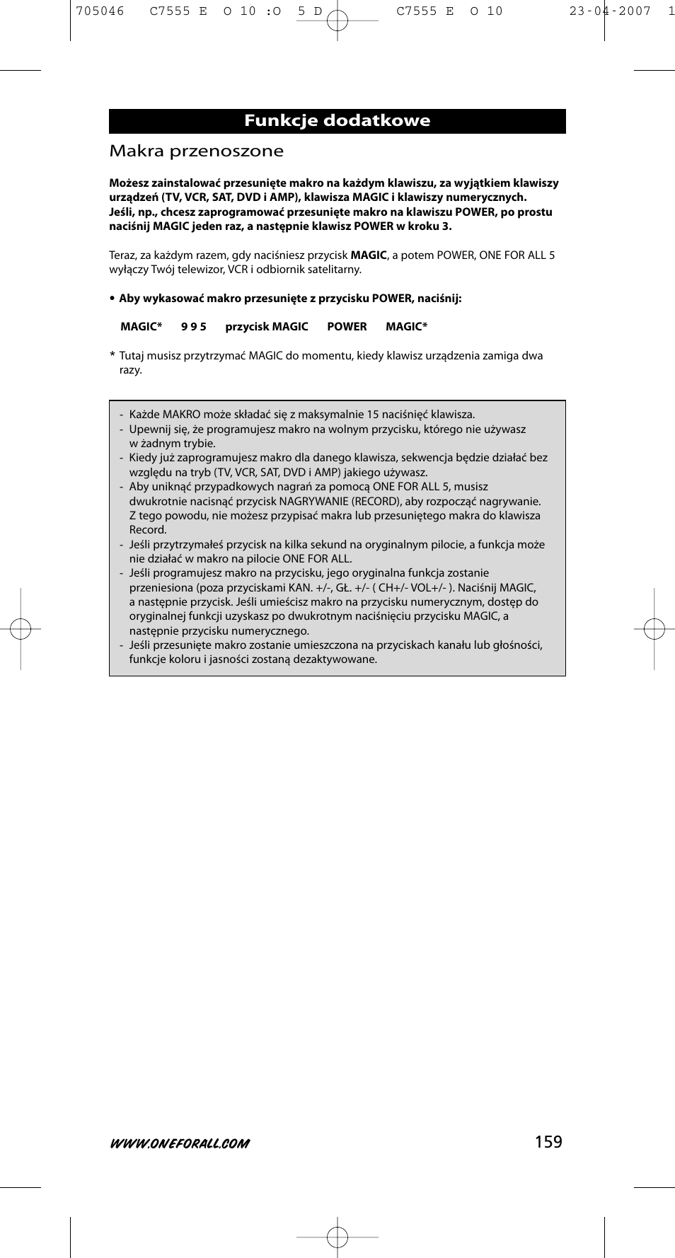 159 makra przenoszone, Funkcje dodatkowe | One for All URC-7780 User Manual | Page 160 / 205