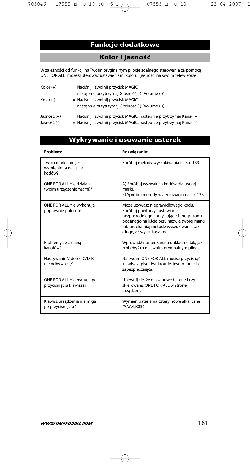 161 wykrywanie i usuwanie usterek, Kolor i jasność funkcje dodatkowe | One for All URC-7780 User Manual | Page 162 / 205