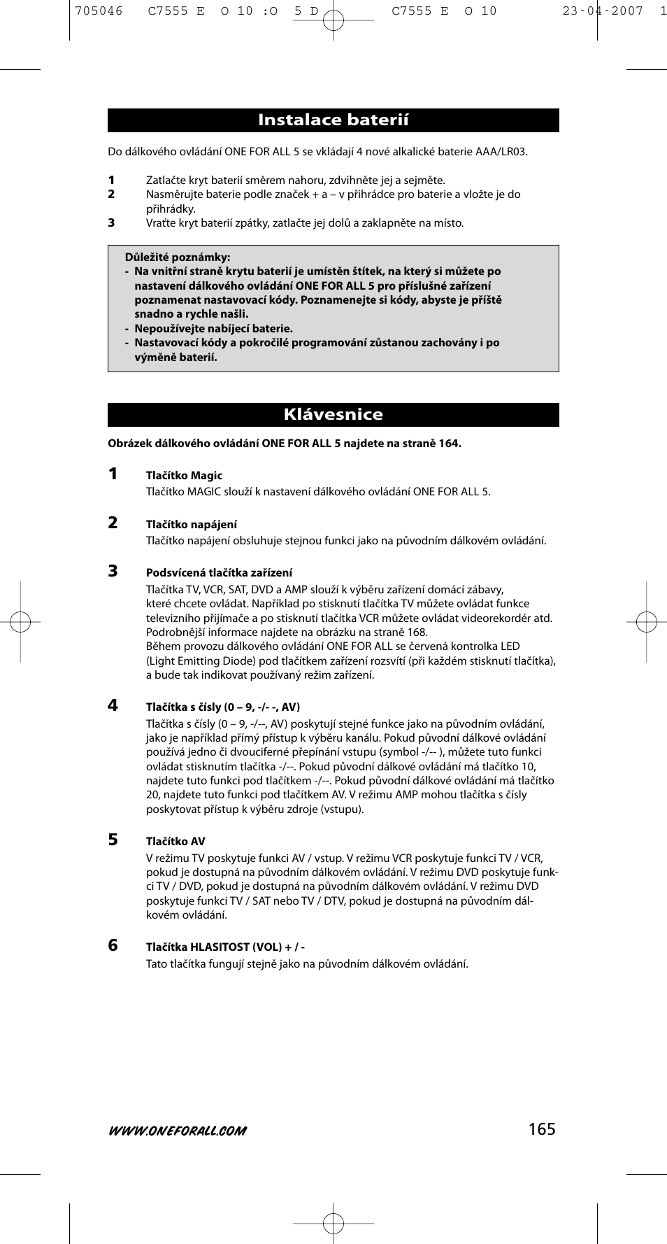 165 instalace baterií, Klávesnice | One for All URC-7780 User Manual | Page 166 / 205