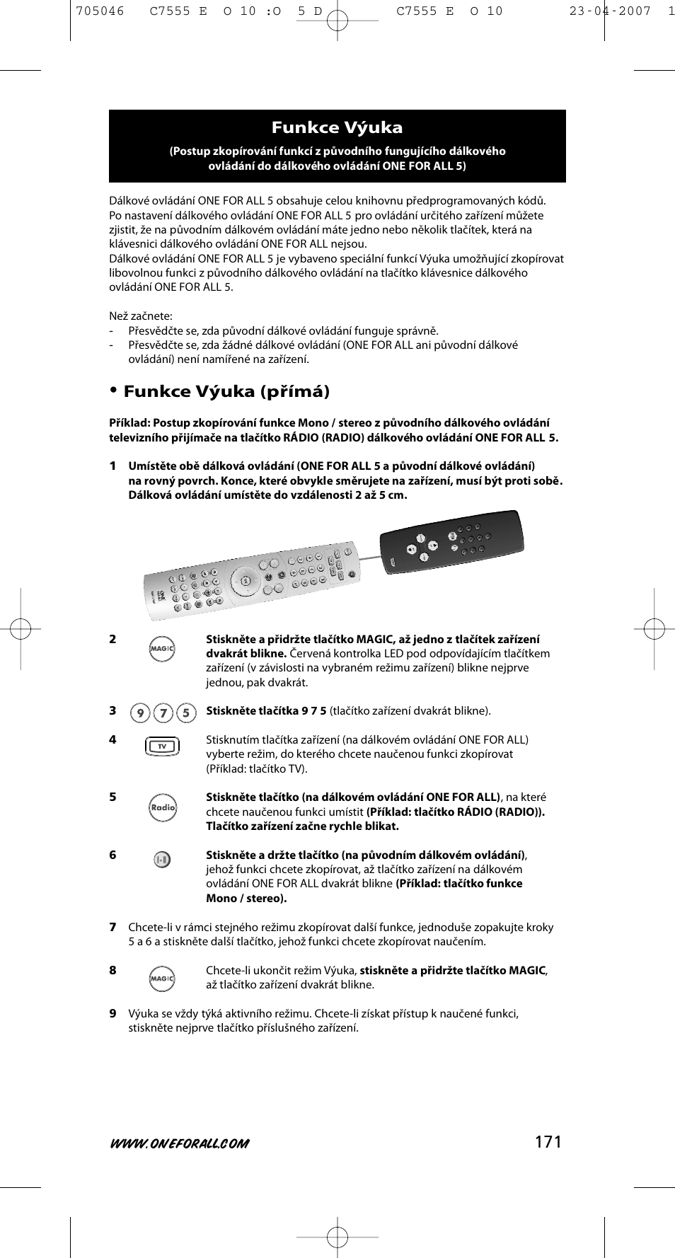 Funkce výuka (přímá), Funkce výuka | One for All URC-7780 User Manual | Page 172 / 205