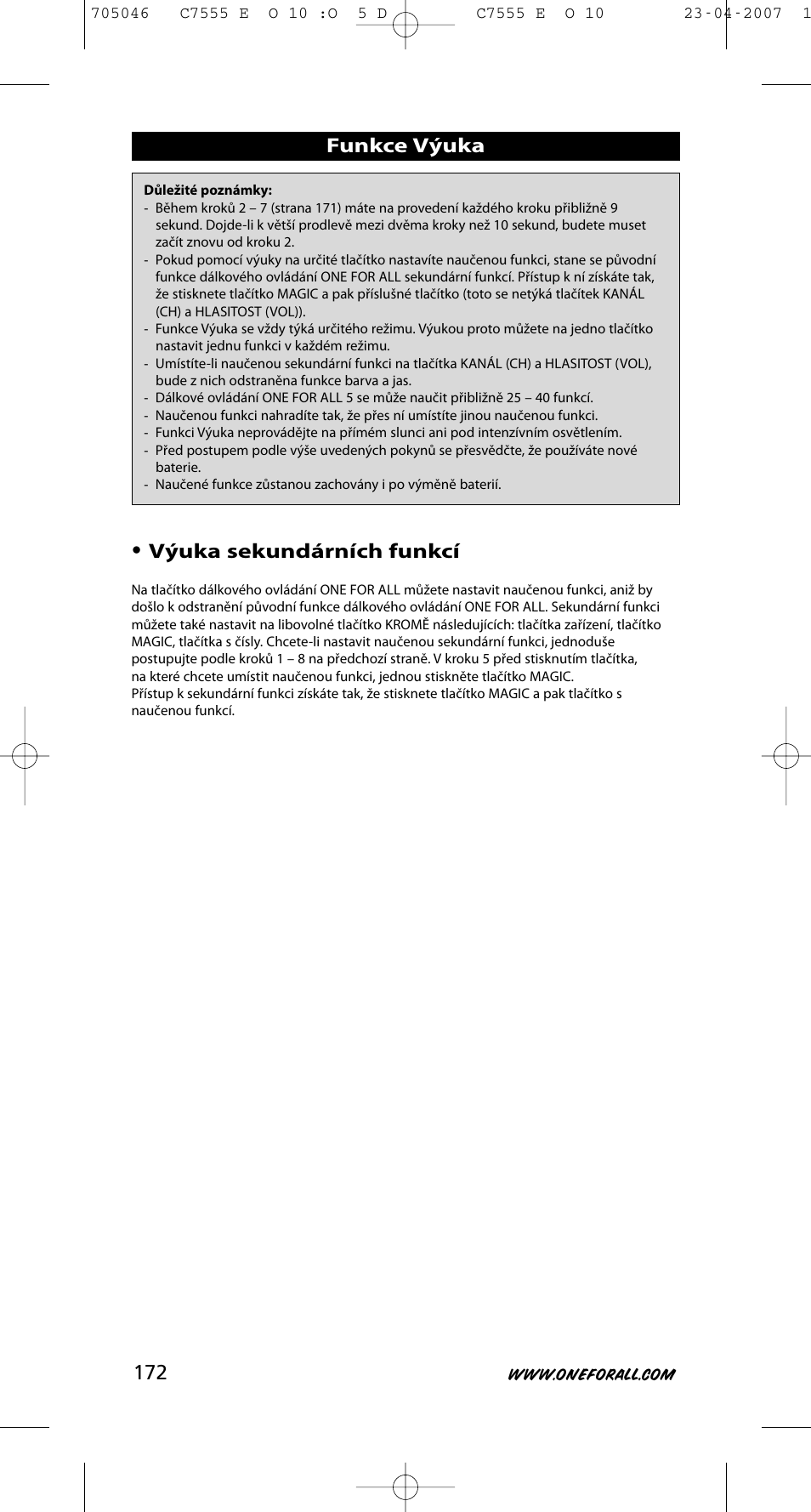 Funkce výuka • výuka sekundárních funkcí | One for All URC-7780 User Manual | Page 173 / 205