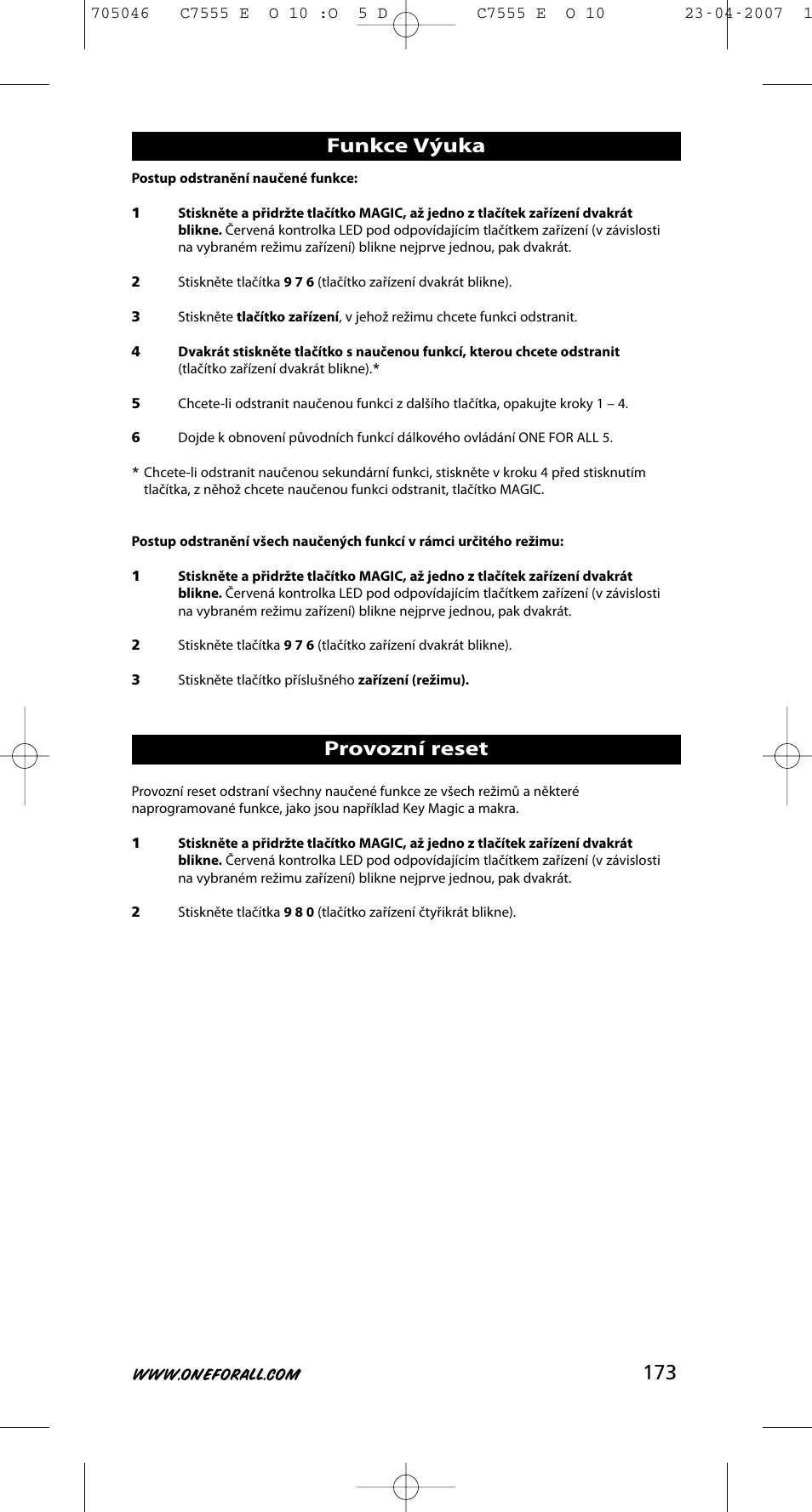 Provozní reset, Funkce výuka | One for All URC-7780 User Manual | Page 174 / 205