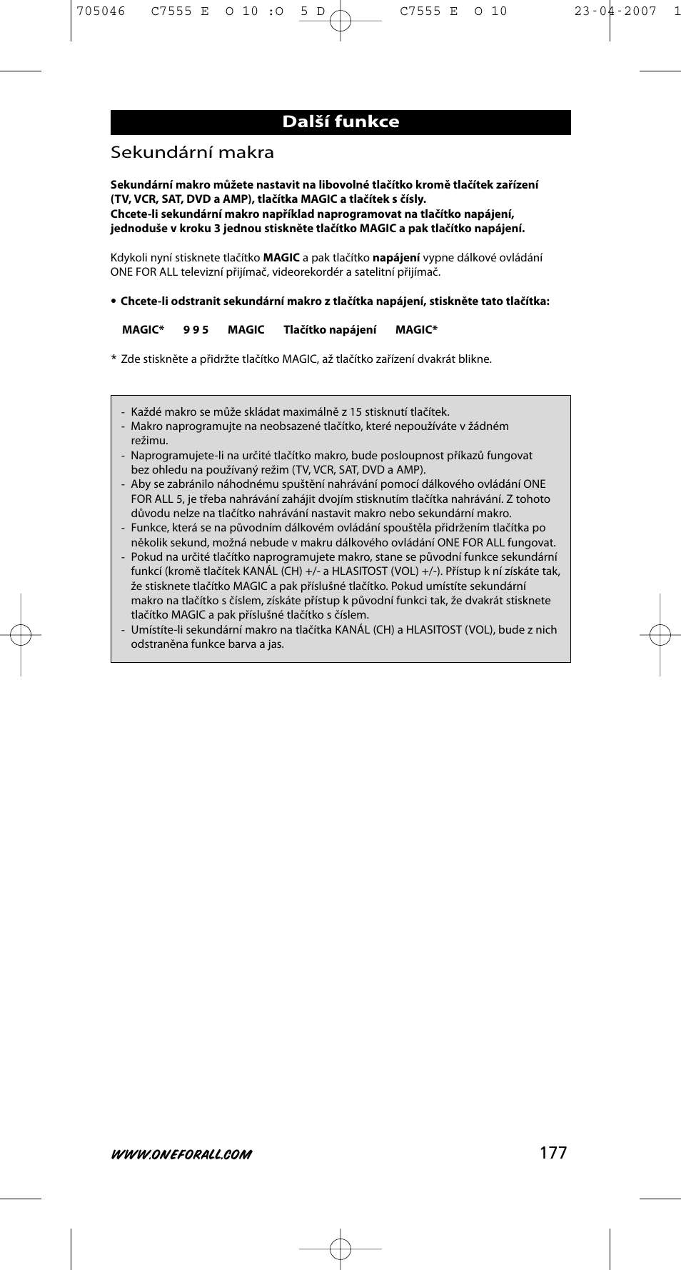 177 sekundární makra, Další funkce | One for All URC-7780 User Manual | Page 178 / 205