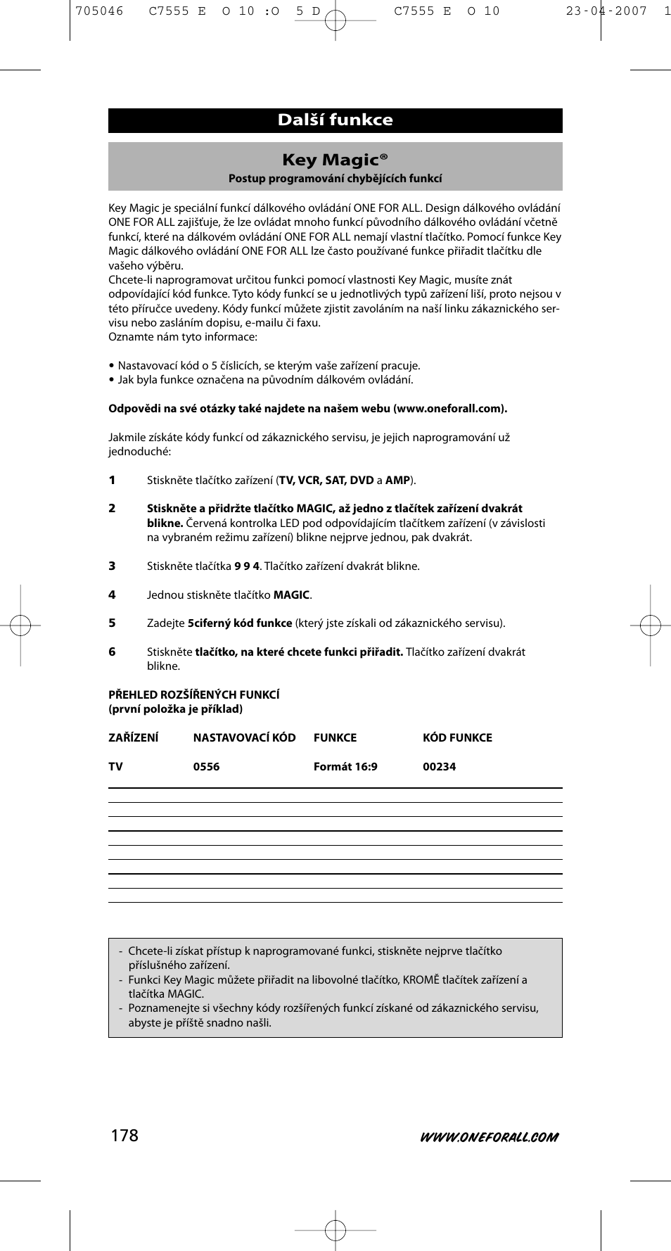 Key magic, Další funkce | One for All URC-7780 User Manual | Page 179 / 205