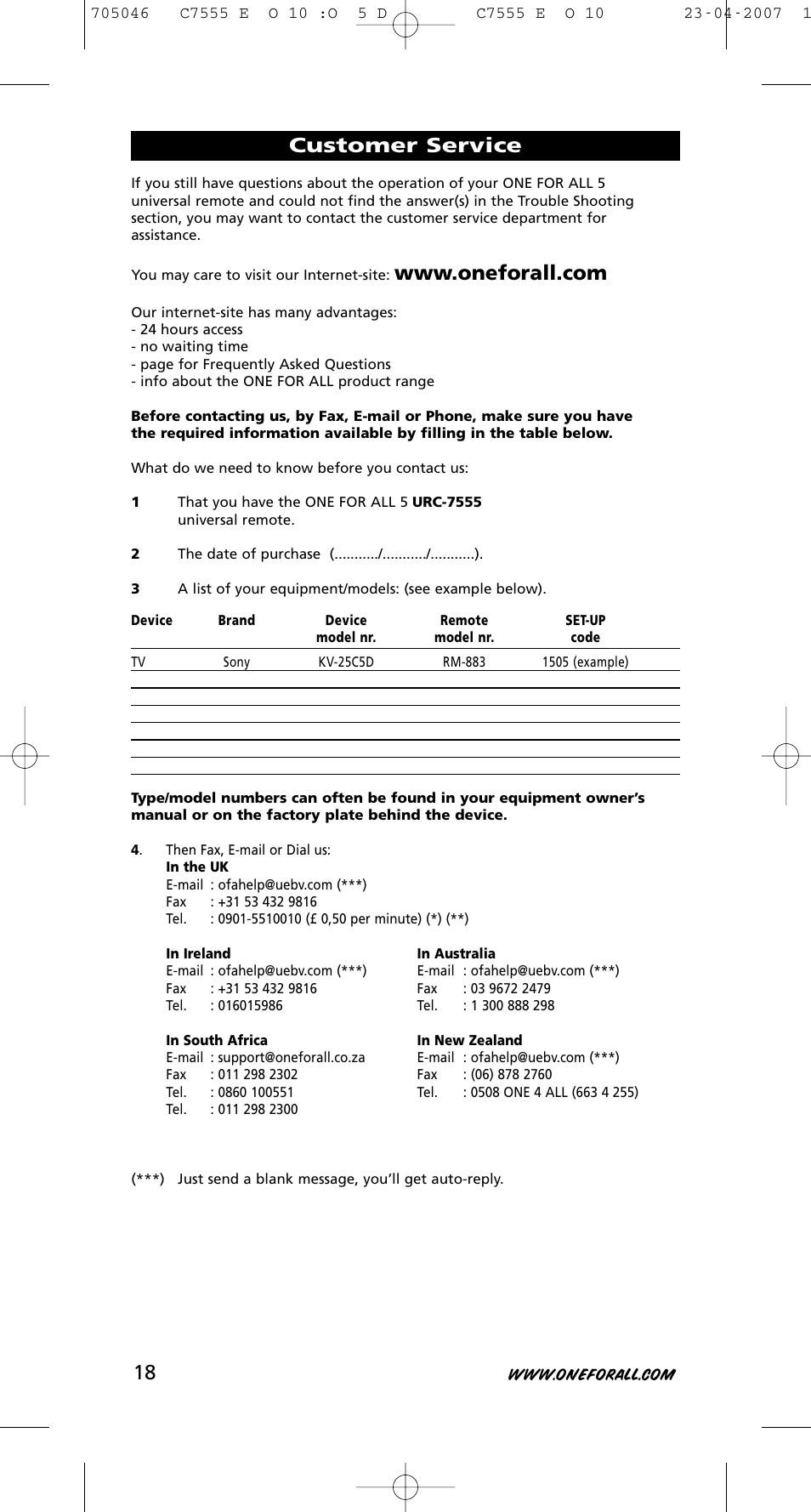 Customer service | One for All URC-7780 User Manual | Page 19 / 205