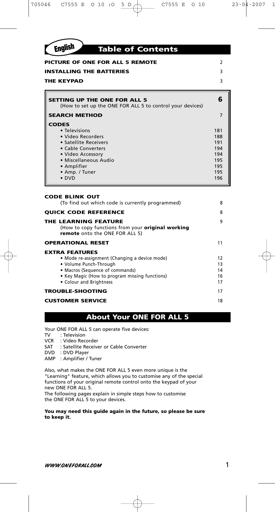One for All URC-7780 User Manual | Page 2 / 205