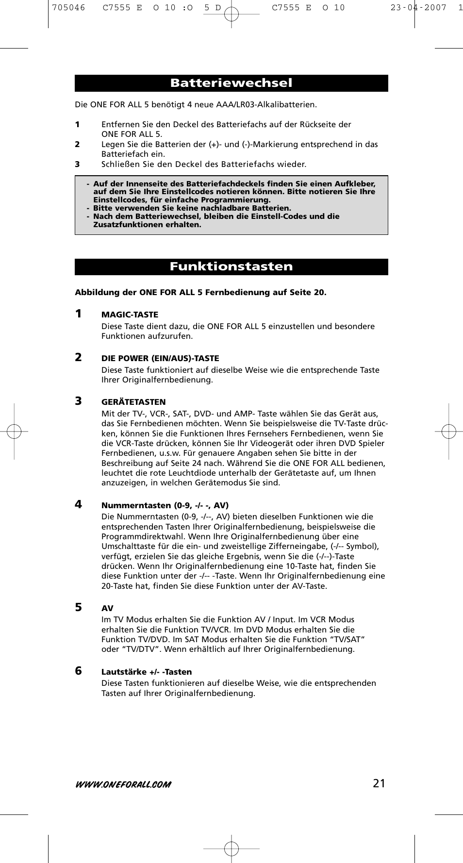 21 batteriewechsel, Funktionstasten | One for All URC-7780 User Manual | Page 22 / 205