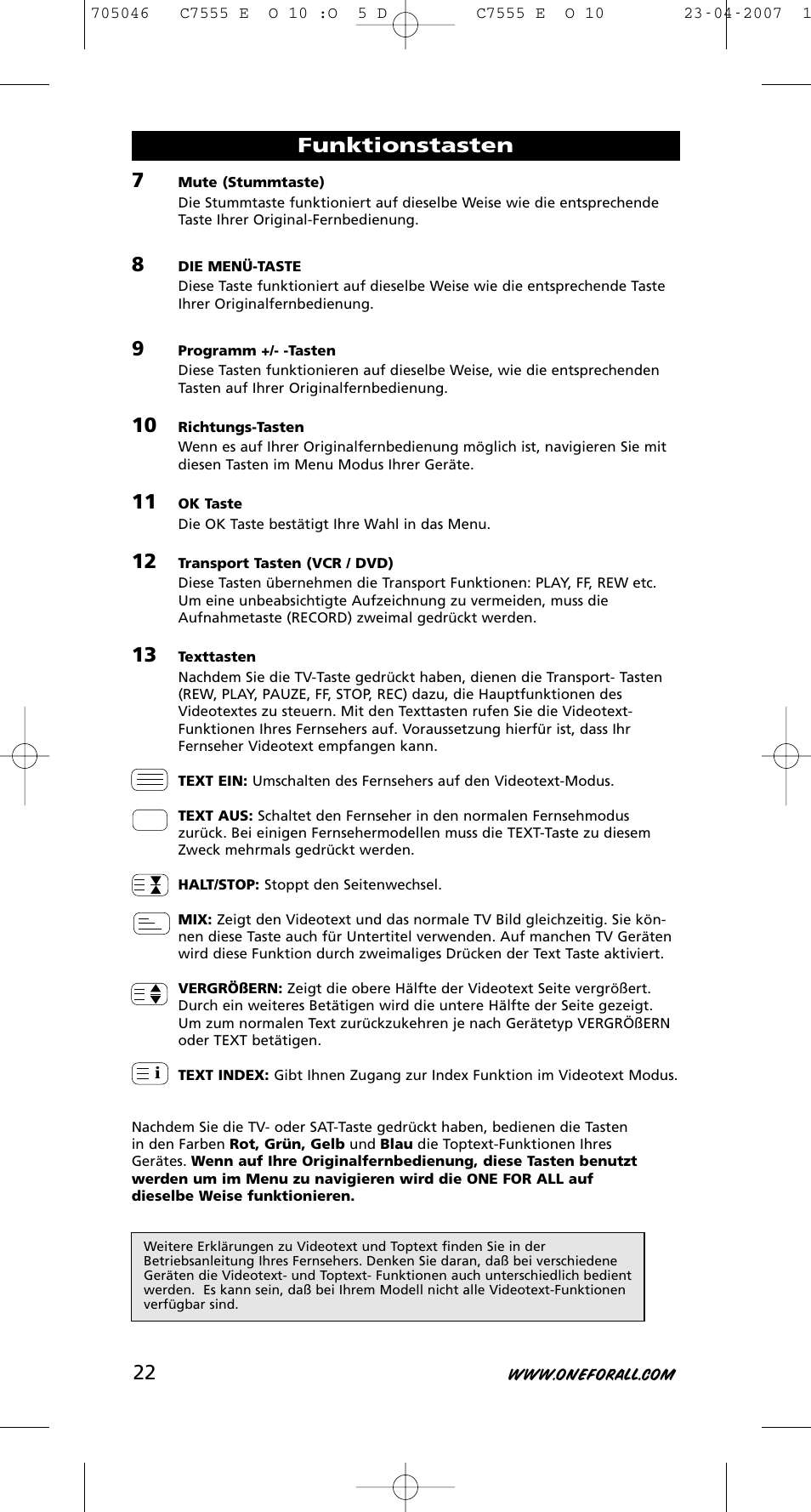 Funktionstasten | One for All URC-7780 User Manual | Page 23 / 205