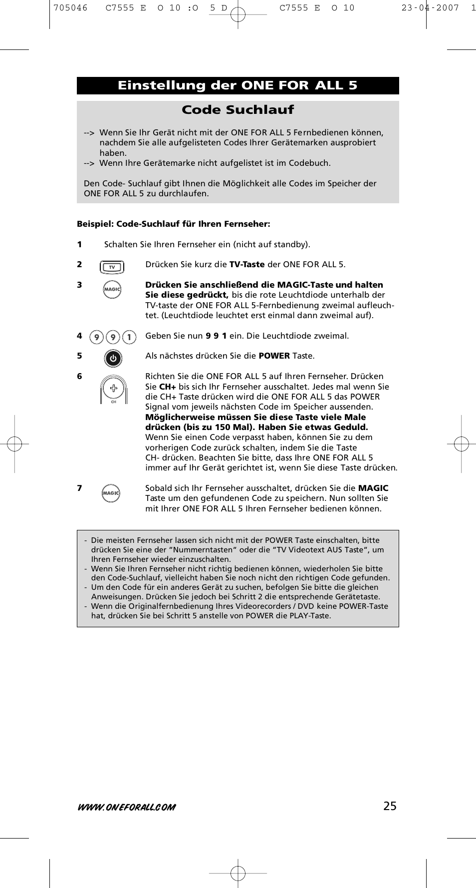 Einstellung der one for all 5 code suchlauf | One for All URC-7780 User Manual | Page 26 / 205