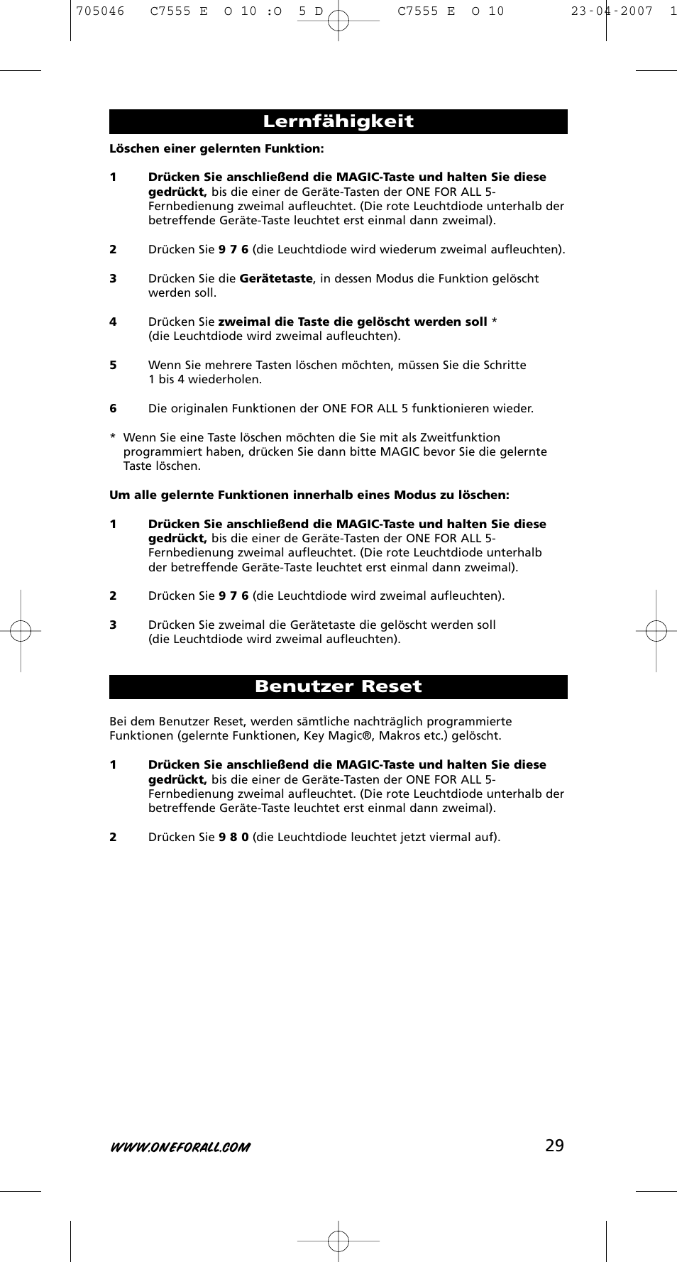 Benutzer reset, Lernfähigkeit | One for All URC-7780 User Manual | Page 30 / 205