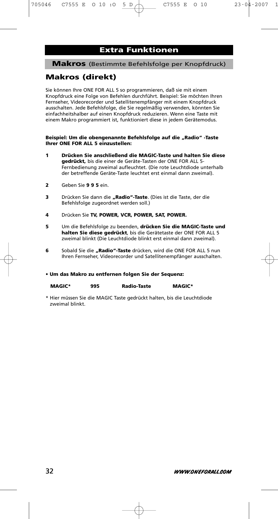 Makros, Extra funktionen makros (direkt) | One for All URC-7780 User Manual | Page 33 / 205
