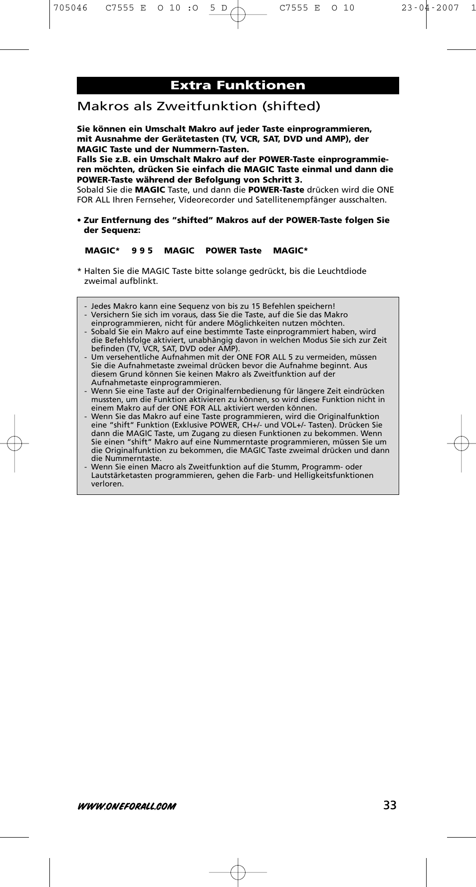 33 makros als zweitfunktion (shifted), Extra funktionen | One for All URC-7780 User Manual | Page 34 / 205