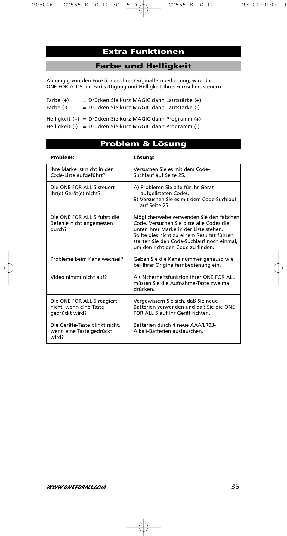 35 problem & lösung, Farbe und helligkeit extra funktionen | One for All URC-7780 User Manual | Page 36 / 205