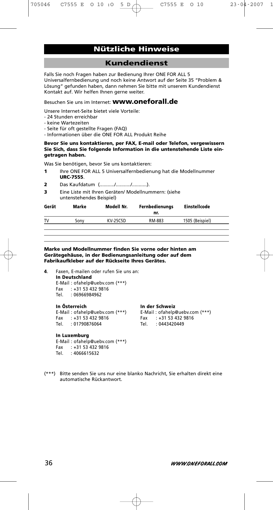 Kundendienst, Nützliche hinweise | One for All URC-7780 User Manual | Page 37 / 205