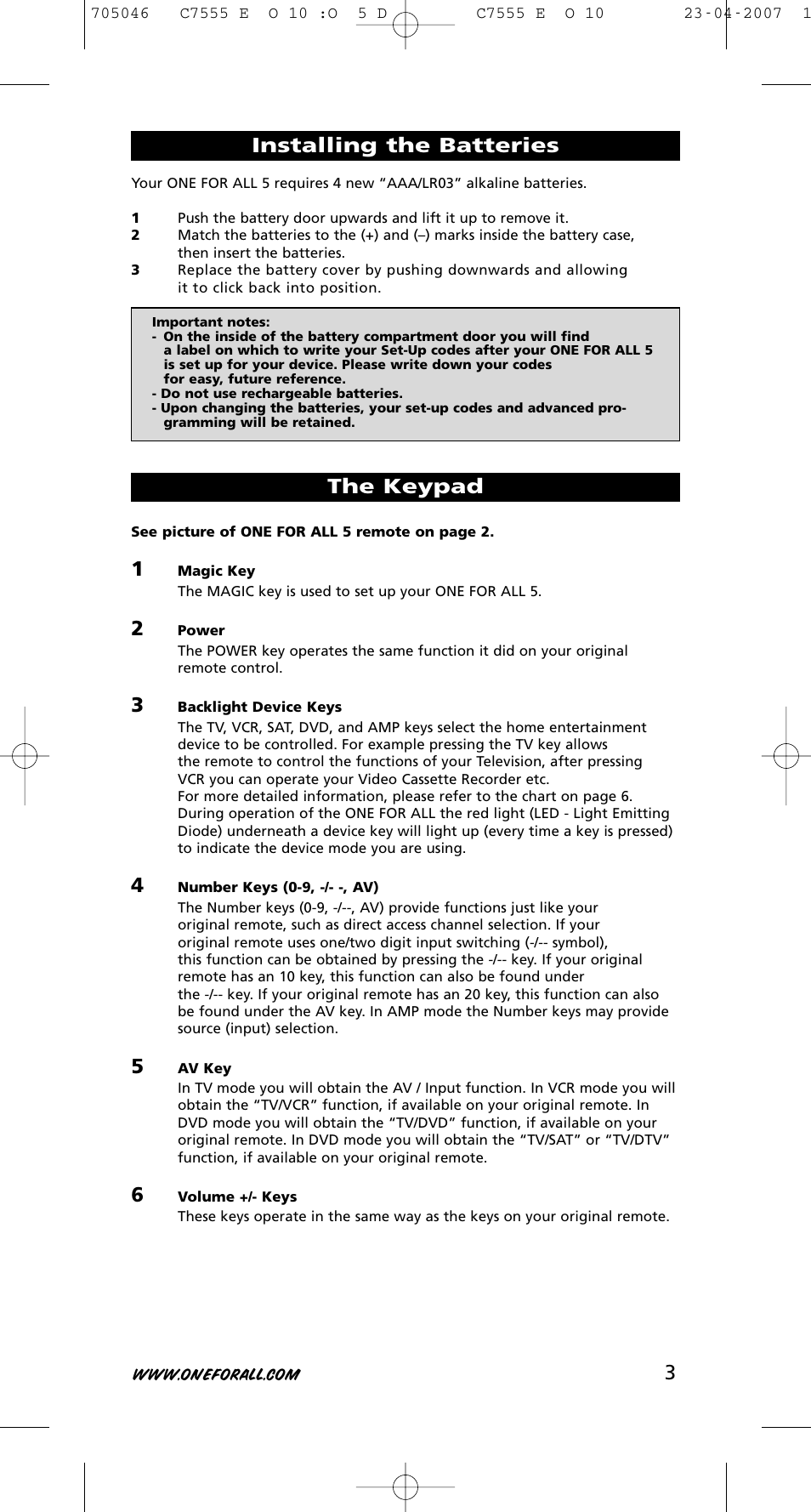 3installing the batteries, The keypad | One for All URC-7780 User Manual | Page 4 / 205