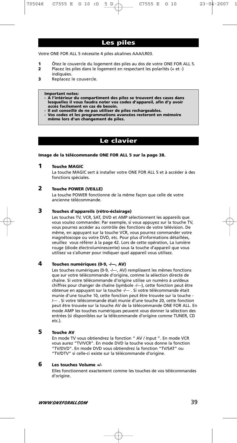 39 les piles, Le clavier | One for All URC-7780 User Manual | Page 40 / 205