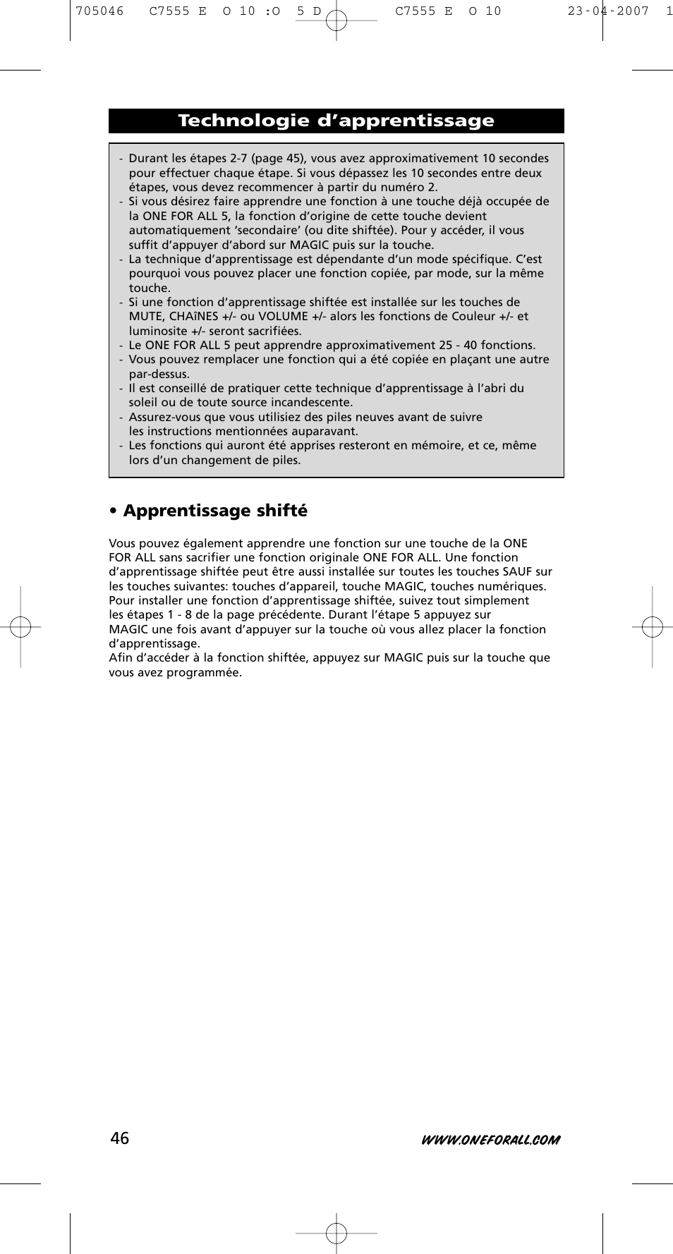 Technologie d’apprentissage • apprentissage shifté | One for All URC-7780 User Manual | Page 47 / 205