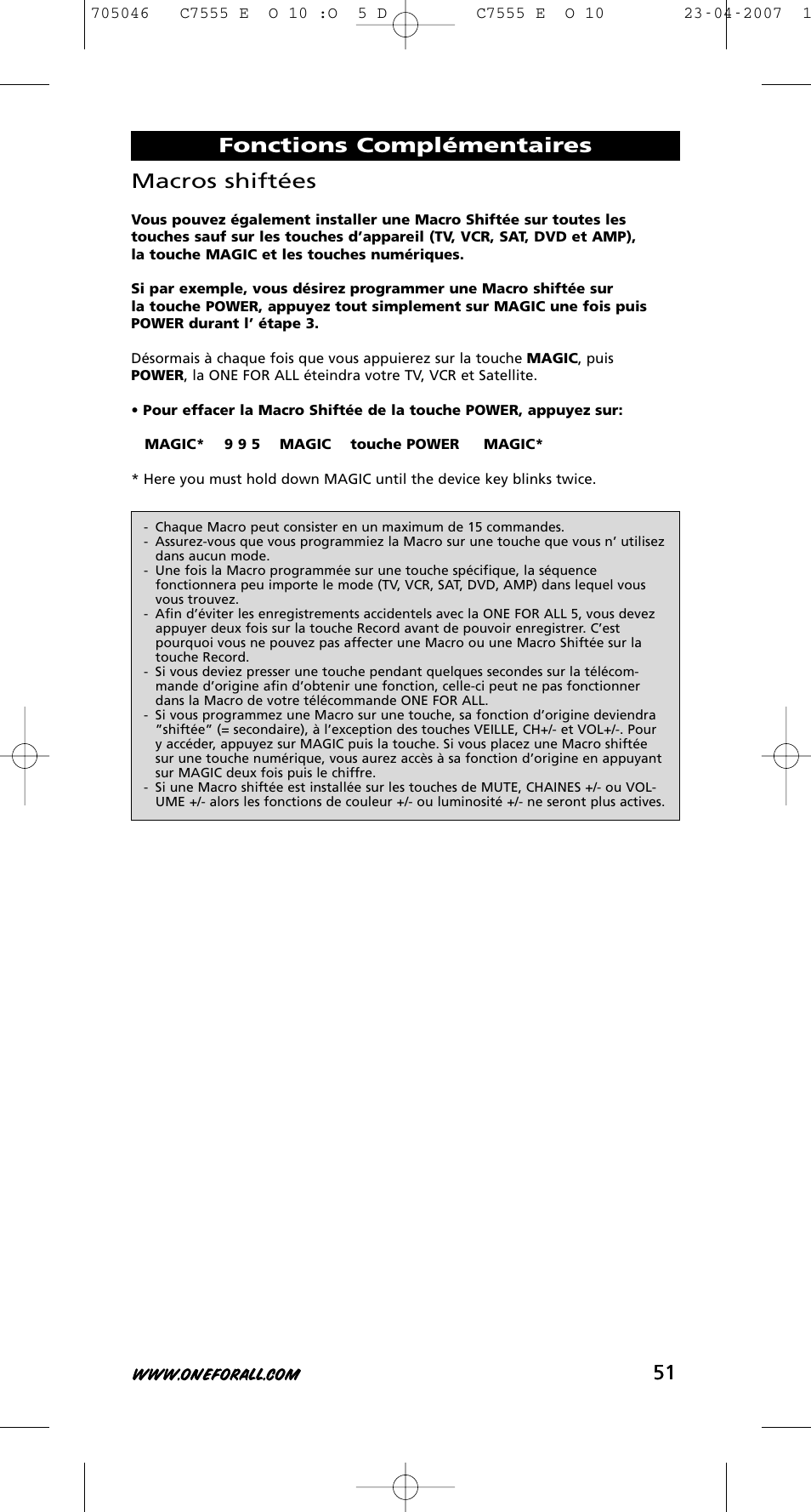 51 macros shiftées, Fonctions complémentaires | One for All URC-7780 User Manual | Page 52 / 205