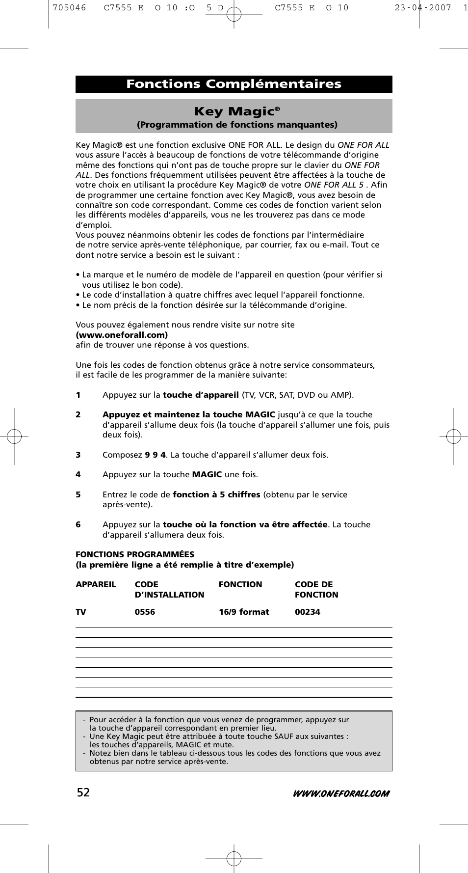 Key magic, Fonctions complémentaires | One for All URC-7780 User Manual | Page 53 / 205