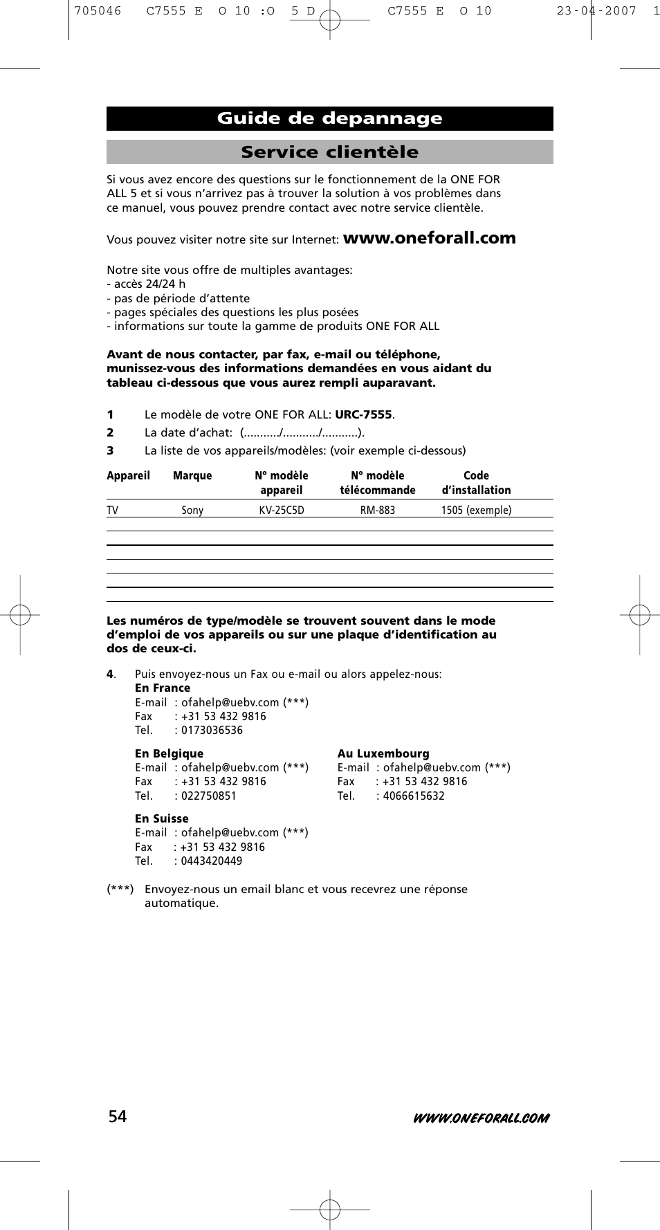 Service clientèle, Guide de depannage | One for All URC-7780 User Manual | Page 55 / 205