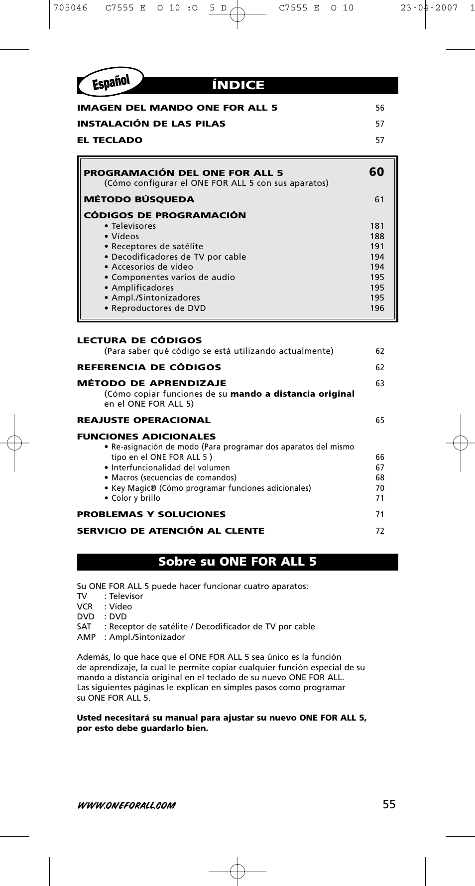 Español, Índice, Sobre su one for all 5 | One for All URC-7780 User Manual | Page 56 / 205