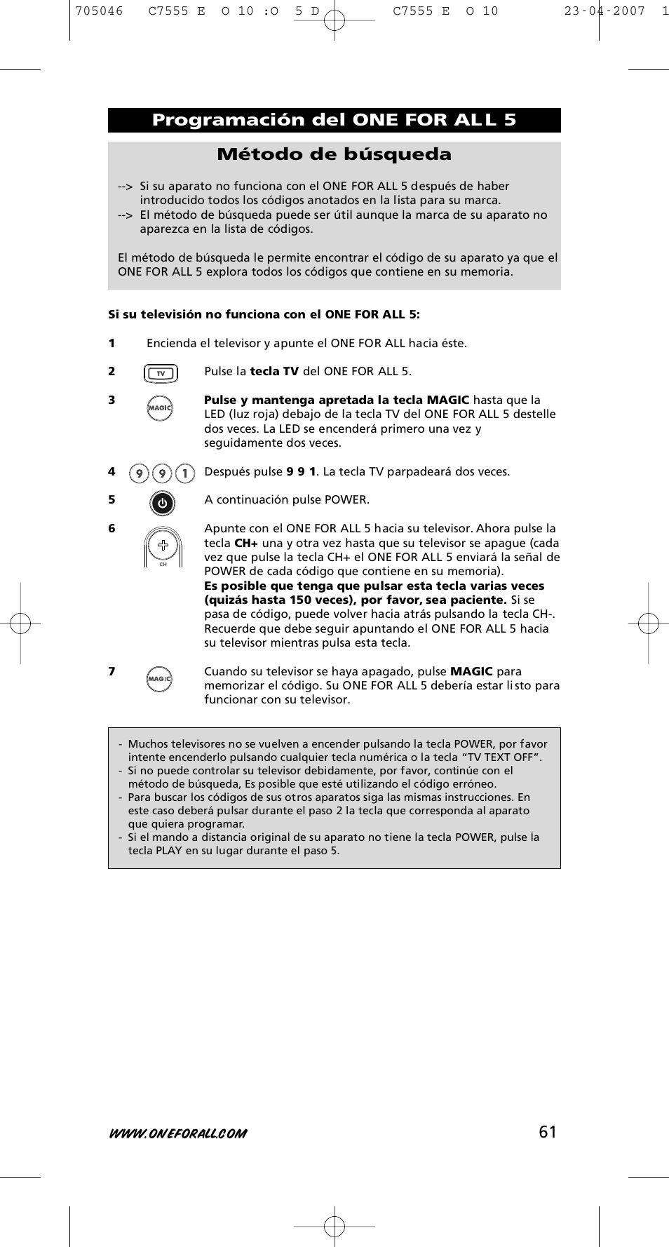 Programación del one for al l 5 método de búsqueda | One for All URC-7780 User Manual | Page 62 / 205