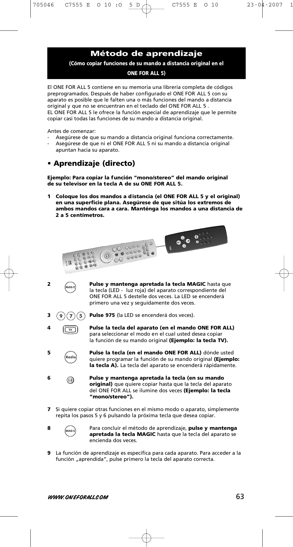 Aprendizaje (directo), Método de aprendizaje | One for All URC-7780 User Manual | Page 64 / 205