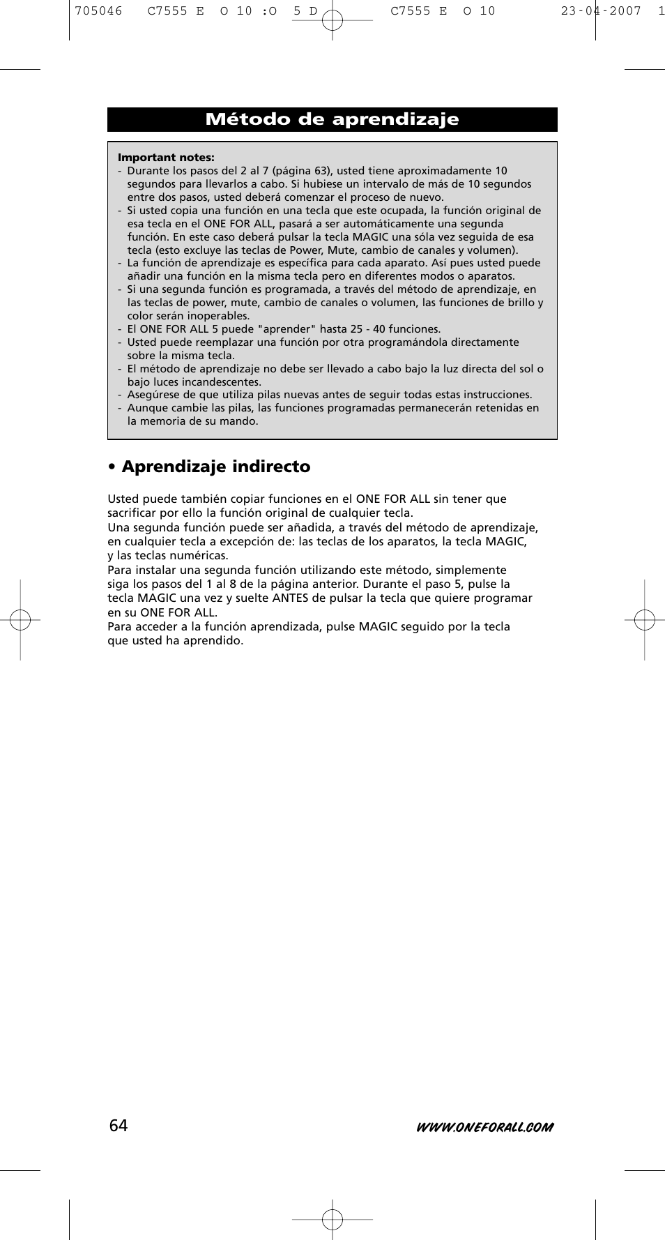 Método de aprendizaje • aprendizaje indirecto | One for All URC-7780 User Manual | Page 65 / 205