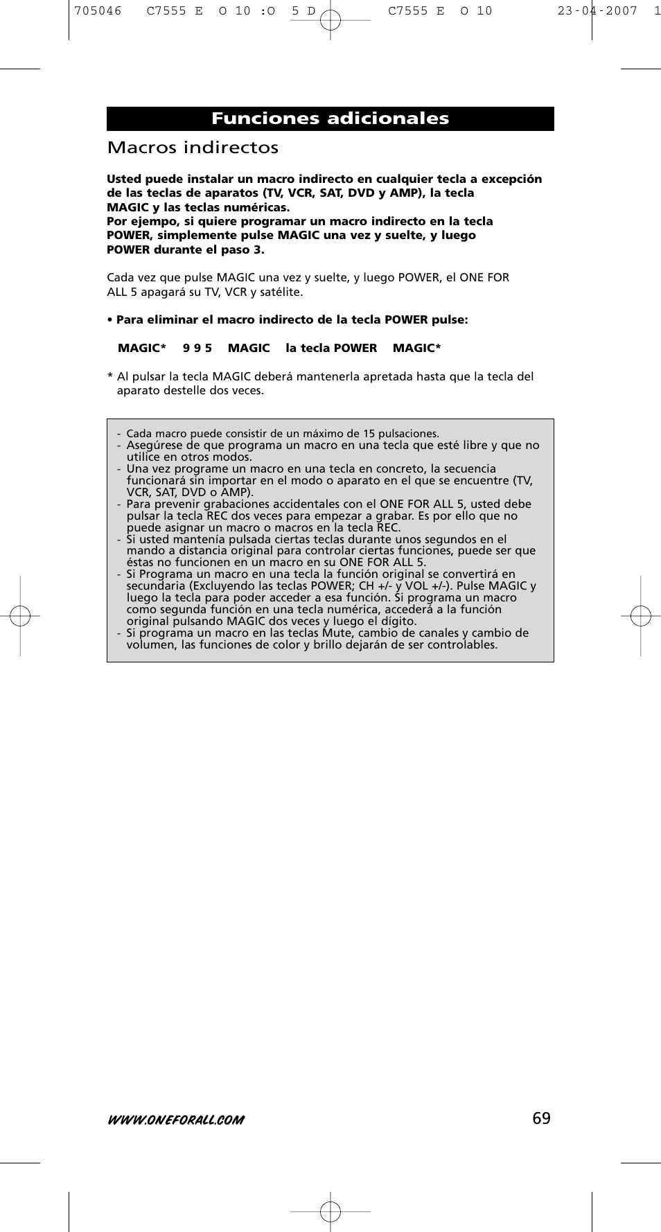 69 macros indirectos, Funciones adicionales | One for All URC-7780 User Manual | Page 70 / 205