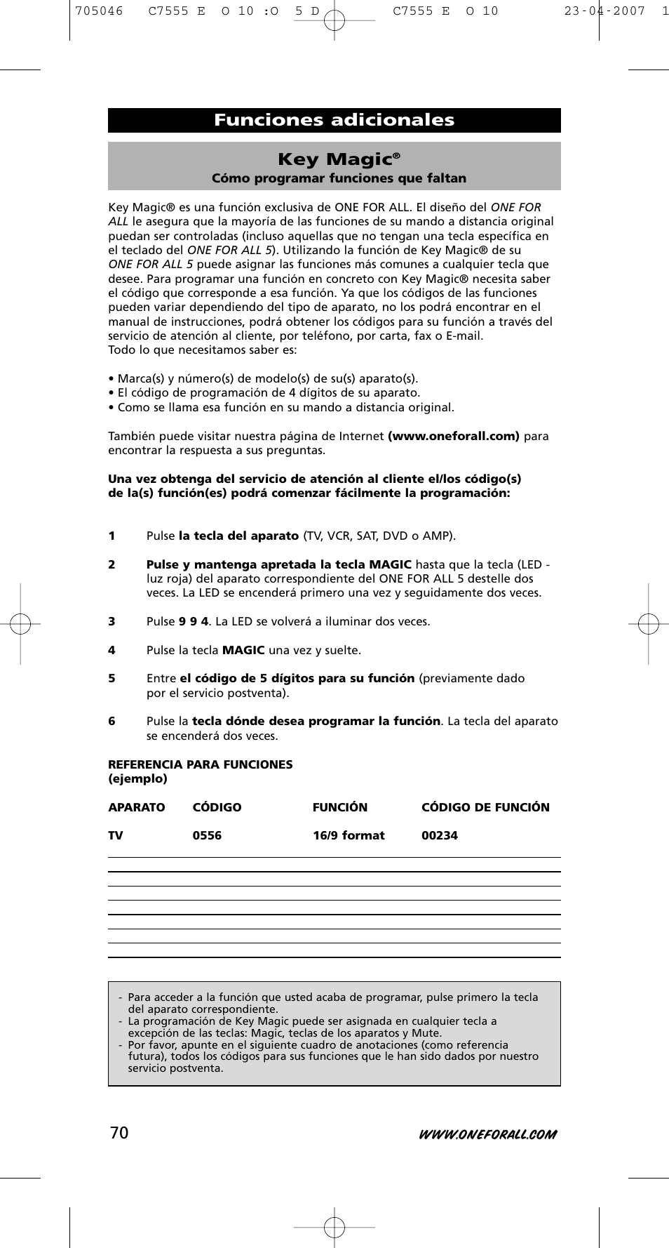 Key magic, Funciones adicionales | One for All URC-7780 User Manual | Page 71 / 205