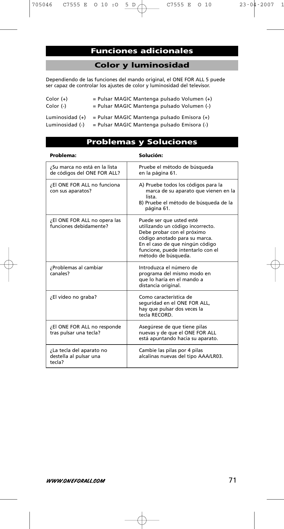 71 problemas y soluciones, Color y luminosidad funciones adicionales | One for All URC-7780 User Manual | Page 72 / 205