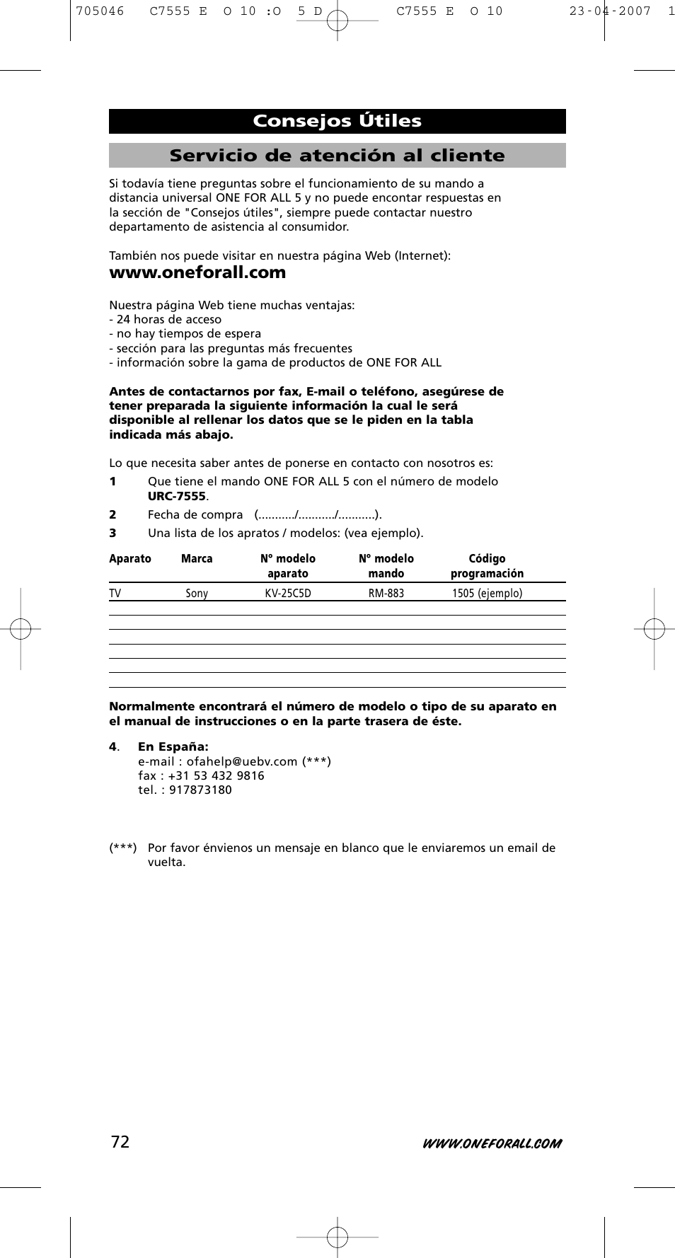 Servicio de atención al cliente, Consejos útiles | One for All URC-7780 User Manual | Page 73 / 205