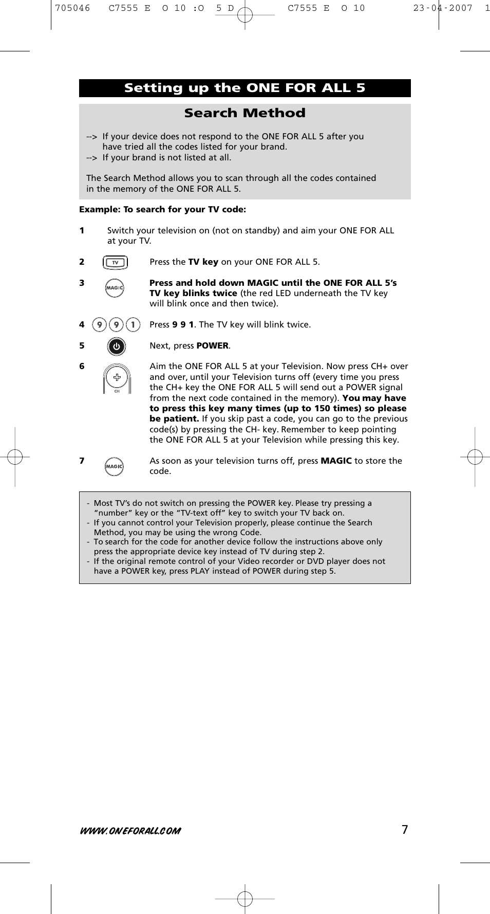 Setting up the one for all 5 search method | One for All URC-7780 User Manual | Page 8 / 205